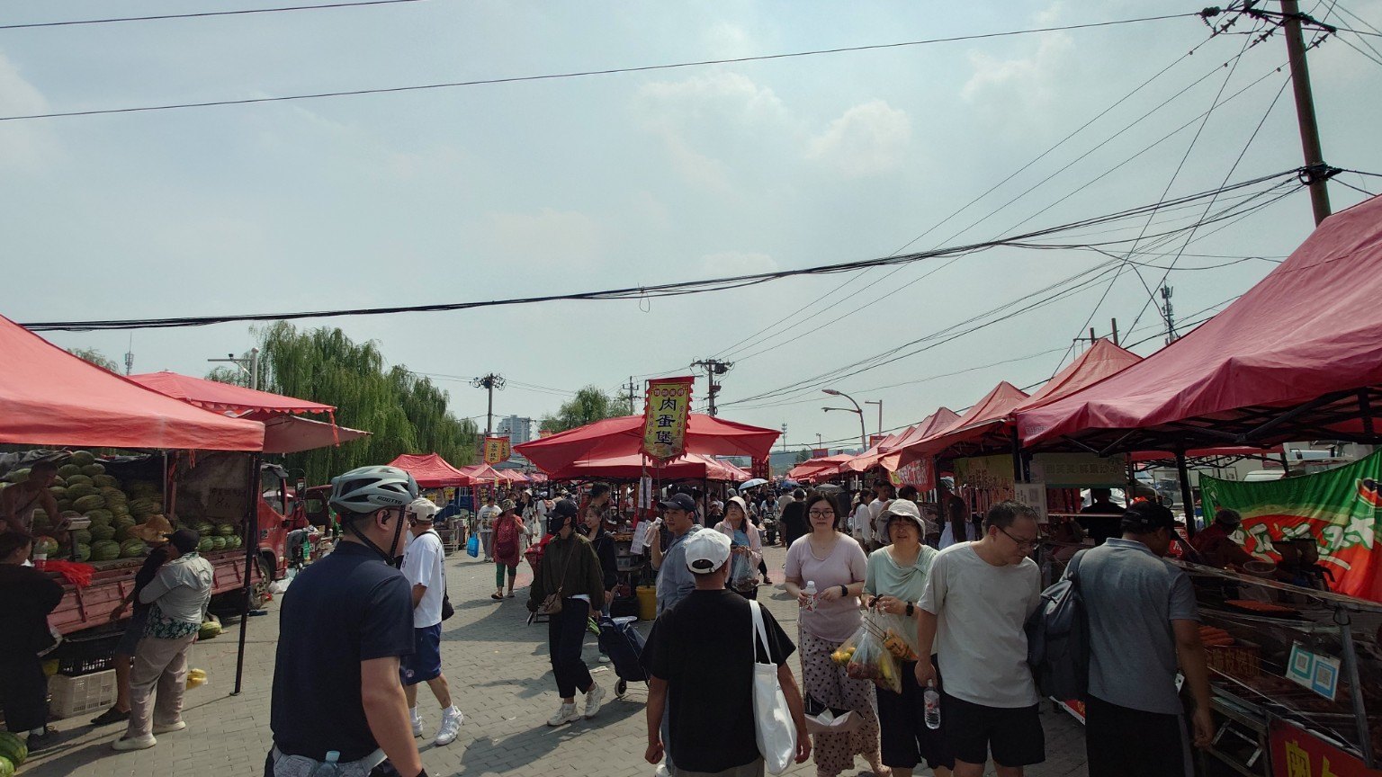 Shoppers carrying groceries through a busy Shahe Daji lane lined with red awnings and food stalls